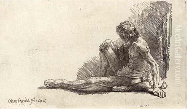 A Nude Man Seated On The Ground With One Leg Extended Oil Painting by Harmenszoon van Rijn Rembrandt