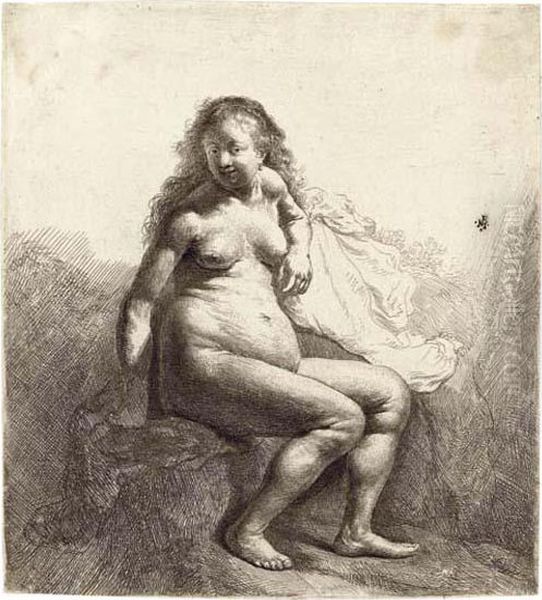 A Naked Woman Seated On A Mound Oil Painting by Harmenszoon van Rijn Rembrandt