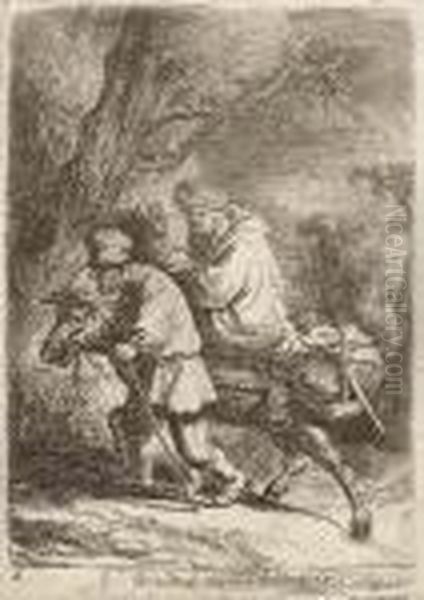 The Flight Into Egypt: Small Plate Oil Painting by Harmenszoon van Rijn Rembrandt