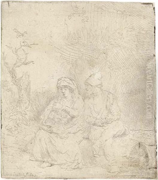 The Rest On The Flight Into Egypt: Lightly Etched Oil Painting by Harmenszoon van Rijn Rembrandt