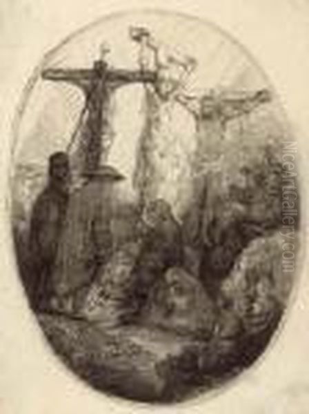Christ Crucified Between The Two Thieves: An Oval Plate Oil Painting by Harmenszoon van Rijn Rembrandt