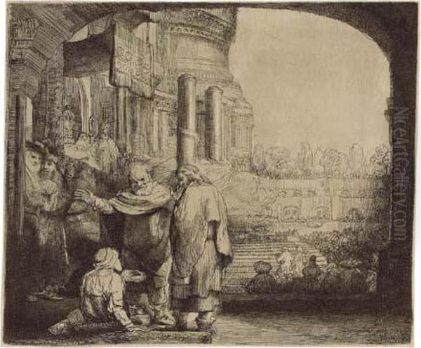 Saint Peter And Saint John Healing The Cripple At The Gate Of The Temple Oil Painting by Harmenszoon van Rijn Rembrandt
