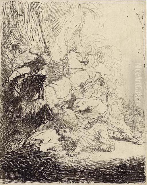 The Small Lion Hunt (with Two Lions) Oil Painting by Harmenszoon van Rijn Rembrandt
