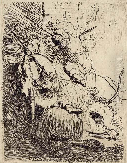 The Small Lion Hunt (with One Lion) Oil Painting by Harmenszoon van Rijn Rembrandt