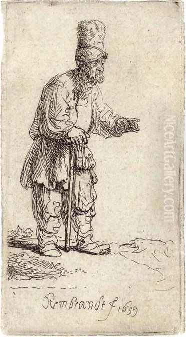 A Peasant In A High Cap, Standing Leaning On A Stick Oil Painting by Harmenszoon van Rijn Rembrandt