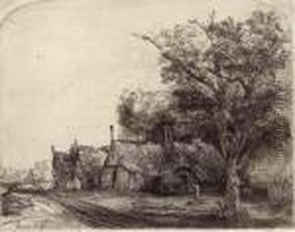 Landscape With Three Gabled Cottages Beside A Road Oil Painting by Harmenszoon van Rijn Rembrandt