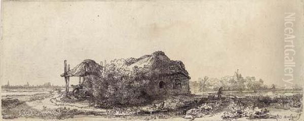 Landscape With A Cottage And Haybarn: Oblong Oil Painting by Harmenszoon van Rijn Rembrandt