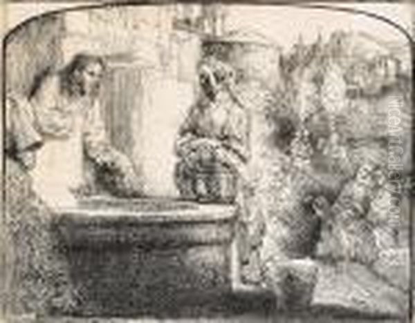 Christ And The Woman Of Samaria: Arched Oil Painting by Harmenszoon van Rijn Rembrandt