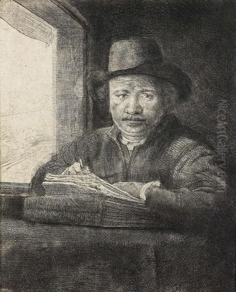 Selbstbildnis, Am Fenster Zeichnend. Oil Painting by Harmenszoon van Rijn Rembrandt