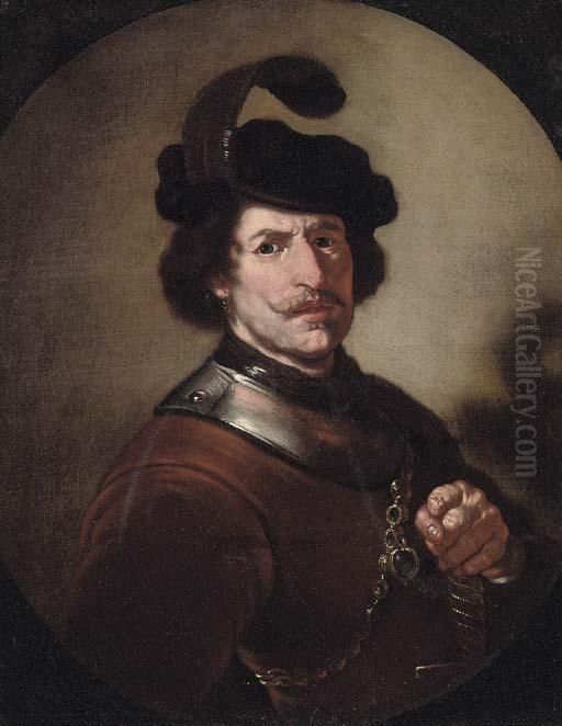 Portrait Of A Gentleman, Half-length, In Armour And A Plumed Hat Oil Painting by Harmenszoon van Rijn Rembrandt