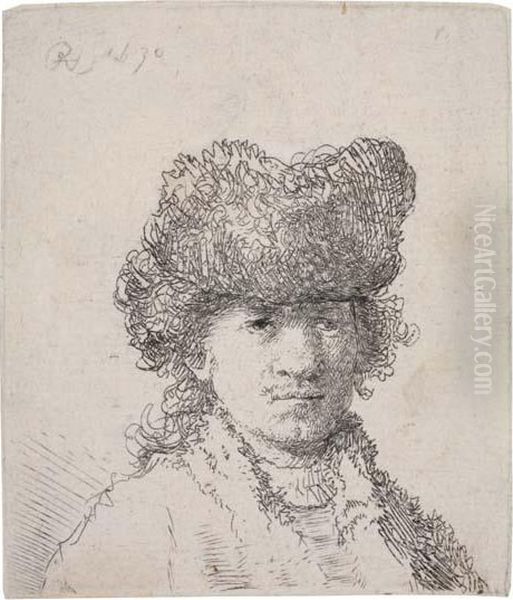 Self Portrait In A Fur Cap: Bust Oil Painting by Harmenszoon van Rijn Rembrandt