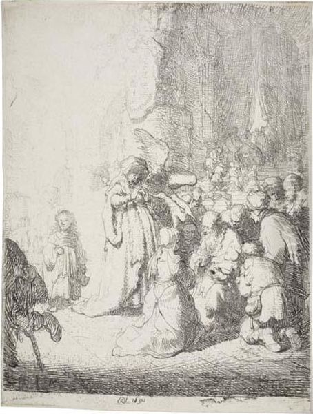 The Presentation In The Temple With An Angel: Smallplate Oil Painting by Harmenszoon van Rijn Rembrandt