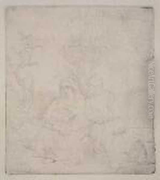 The Rest On The Flight: Lightly Etched Oil Painting by Harmenszoon van Rijn Rembrandt