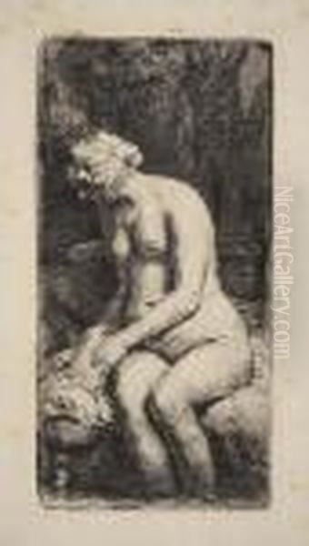 Woman Bathing Her Feet At A Brook. Oil Painting by Harmenszoon van Rijn Rembrandt