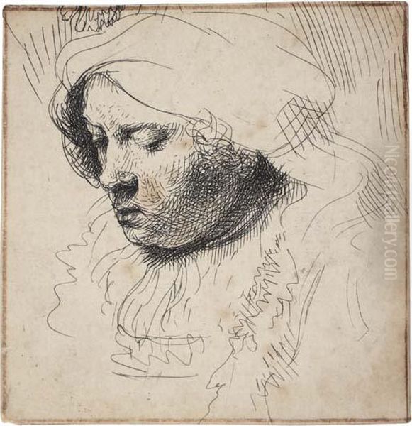 Head Of A Woman, Looking Down Oil Painting by Harmenszoon van Rijn Rembrandt