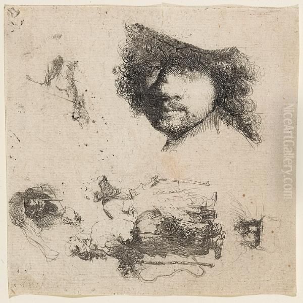 Sheet Of Studies, Head Of The 
Artist, A Beggar Couple, Heads Of An Old Man And An Old Woman (b., 
Holl. 363; H. 90), 1632 Oil Painting by Harmenszoon van Rijn Rembrandt