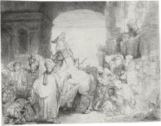 The Triumph Of Mordecai (b., Holl. 40; H. 172; Bb. 41-l) Oil Painting by Harmenszoon van Rijn Rembrandt