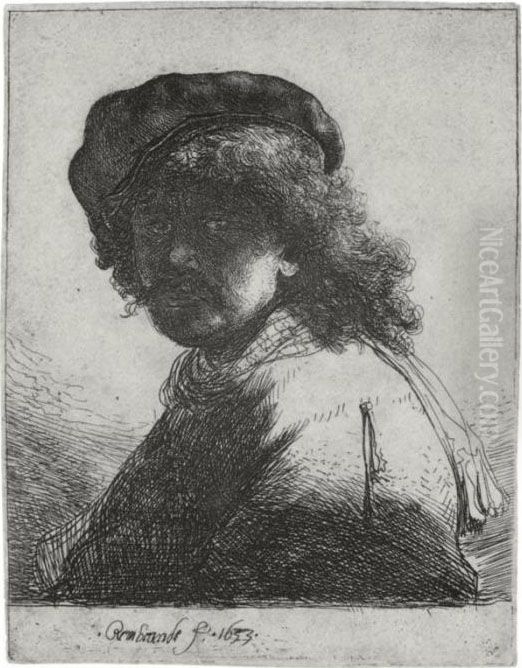 Self-portrait In A Cap And Scarf With The Face Dark (b., Holl. 17; H. 108; Bb. 33-g) Oil Painting by Harmenszoon van Rijn Rembrandt