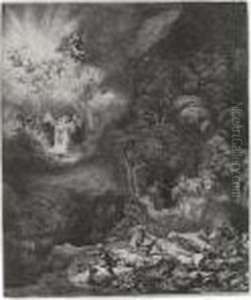 Angels Appearing To The Shepherds (b., Holl. 44; H. 120; Bb. 34-j) Oil Painting by Harmenszoon van Rijn Rembrandt