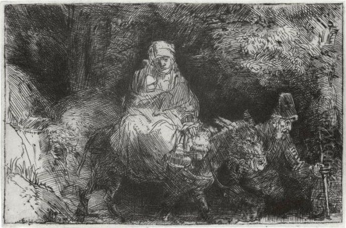 The Flight Into Egypt: Crossing A Brook (b., Holl. 55; H. 276; Bb. 54-d) Oil Painting by Harmenszoon van Rijn Rembrandt
