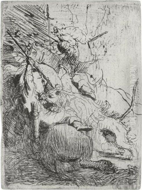 The Small Lion Hunt: With One Lion (b., Holl. 116; H. 6; Bb. 29-3) Oil Painting by Harmenszoon van Rijn Rembrandt