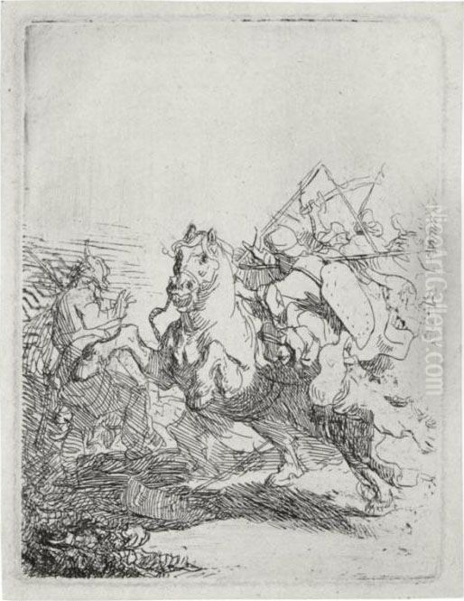 The Cavalry Fight (b., Holl. 117; H. 100; Bb. 32-7) Oil Painting by Harmenszoon van Rijn Rembrandt