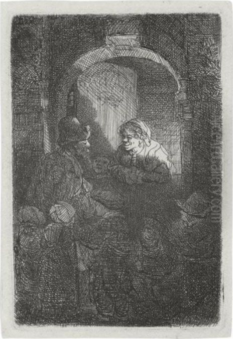 Woman At Door Hatch Talking To A
 Man And Children: The Schoolmaster (b., Holl. 128; H. 192; Bb. 41-n) Oil Painting by Harmenszoon van Rijn Rembrandt