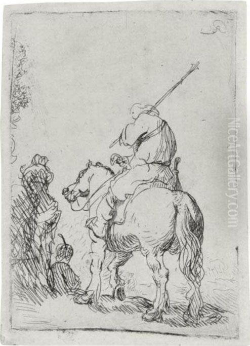 A Turbaned Soldier On Horseback (b., Holl. 139; H. 99; Bb. 32-6) Oil Painting by Harmenszoon van Rijn Rembrandt