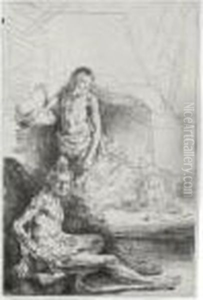 A Nude Man Seated And Another 
Standing With A Woman And A Baby Lightly Etched In The Background (b., 
Holl. 194; H. 222; Bb. 46-1) Oil Painting by Harmenszoon van Rijn Rembrandt