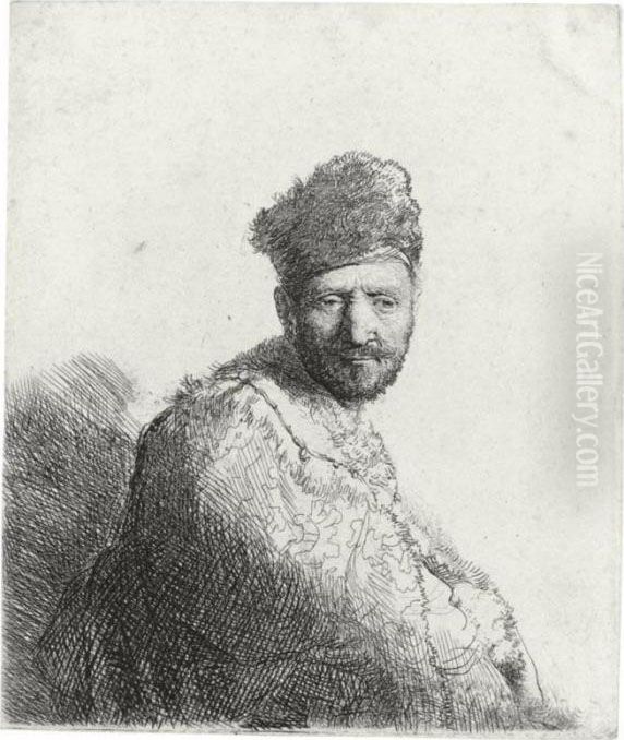 Bearded Man In A Furred Oriental
 Cap And Robe: The Artist's Father (b., Holl. 263; H. 53; Bb. 31-j) Oil Painting by Harmenszoon van Rijn Rembrandt