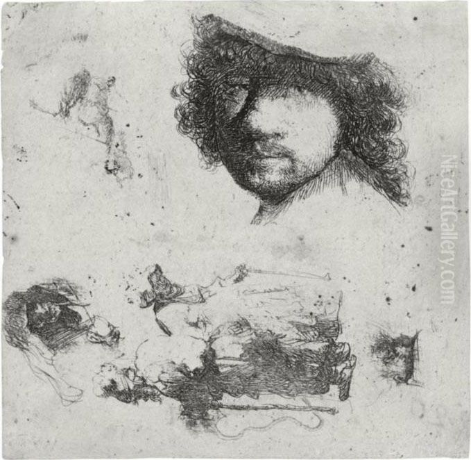 Sheet Of Studies: Head Of The 
Artist, A Beggar Couple, Heads Of An Old Man And Old Woman (b., Holl. 
363; H. 90; Bb. 32-1) Oil Painting by Harmenszoon van Rijn Rembrandt