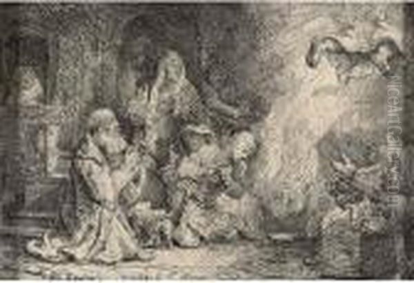 The Angel Departing From The Family Of Tobias Oil Painting by Harmenszoon van Rijn Rembrandt