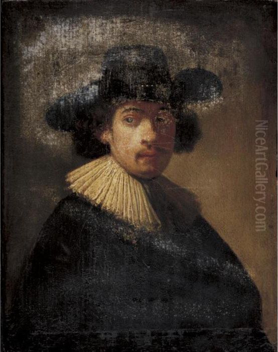 Portrait Of A Man, Half Length, Wearing A Black Hat Oil Painting by Harmenszoon van Rijn Rembrandt