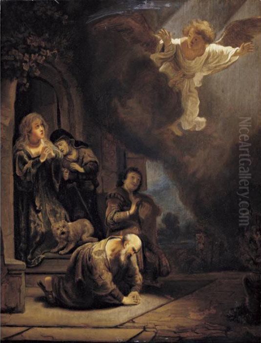 The Archangel Raphael Taking Leave Of Tobit Oil Painting by Harmenszoon van Rijn Rembrandt
