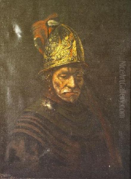 Half Length Portrait Of A Soldier In A Helmet Oil Painting by Harmenszoon van Rijn Rembrandt