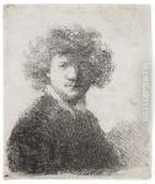 Self Portrait With Curly Hair And White Collar: Bust Oil Painting by Harmenszoon van Rijn Rembrandt