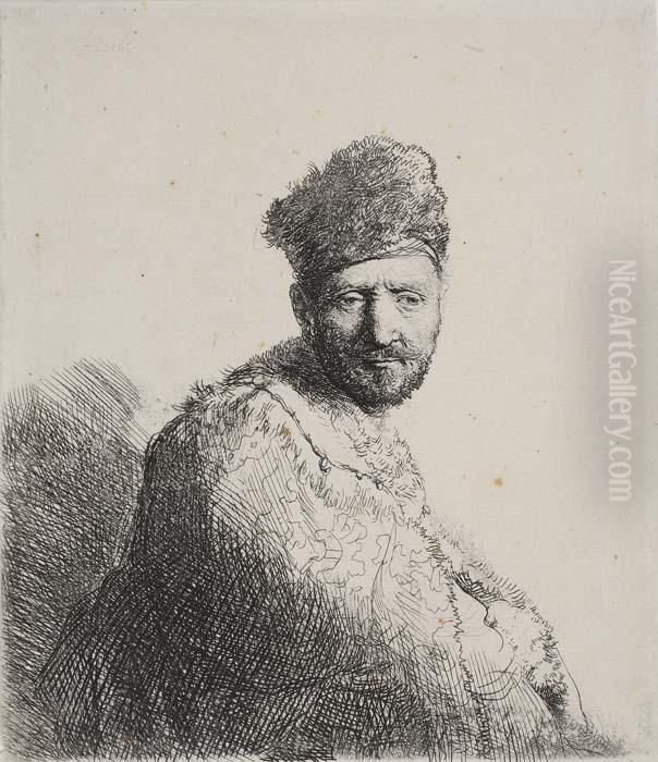 Bearded Man In A Furred Oriental Cap And Robe: The Artist'sfather Oil Painting by Harmenszoon van Rijn Rembrandt