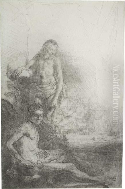 Nude Man Seated And Another Standing With A Woman And Ababy Oil Painting by Harmenszoon van Rijn Rembrandt