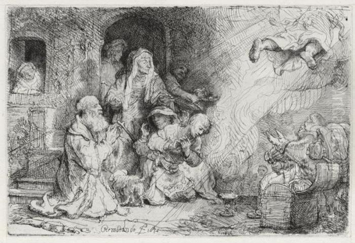 The Angel Departing From The 
Family Of Tobias (bartsch, Hollstein 43; Hind 185; Bjorklund & 
Barnard 41-g) Oil Painting by Harmenszoon van Rijn Rembrandt