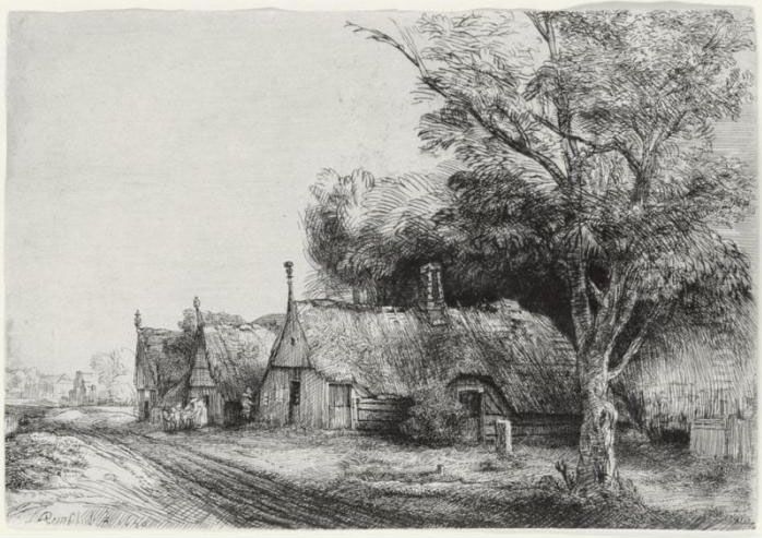 Three Gabled Cottages Beside A Road (b., Holl. 217; H. 246; Bb. 50-d) Oil Painting by Harmenszoon van Rijn Rembrandt
