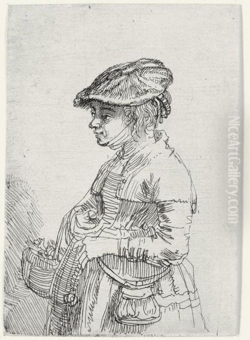 Girl With A Basket (b., Holl. 356; H. 195; Bb. 42-3) Oil Painting by Harmenszoon van Rijn Rembrandt