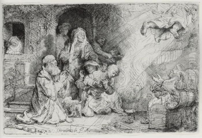 The Angel Departing From The Family Of Tobias (b., Holl. 43; H. 185; Bb. 41-g) Oil Painting by Harmenszoon van Rijn Rembrandt