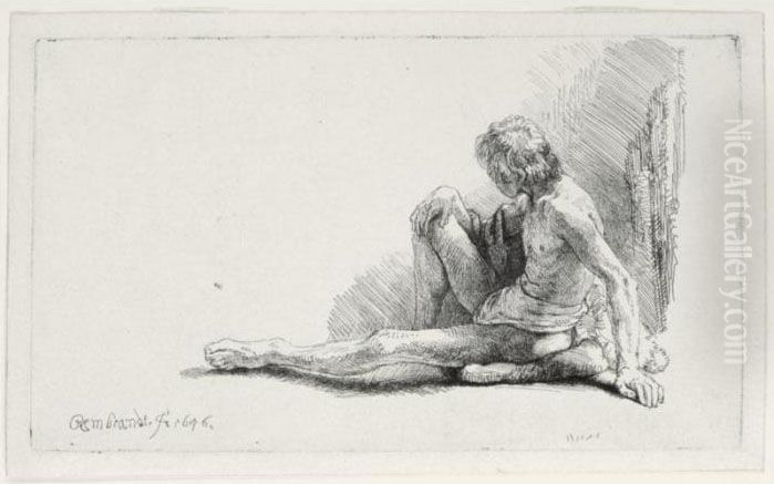 A Nude Man Seated On The Ground 
With One Leg Extended (b. 196, Holl. 196; H. 221; Bb. 46c) Oil Painting by Harmenszoon van Rijn Rembrandt