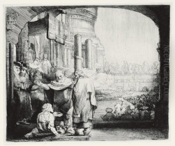 Peter And John Healing The 
Cripple At The Gate Of The Temple (b., Holl. 94; H. 301; Bb. 59-a) Oil Painting by Harmenszoon van Rijn Rembrandt