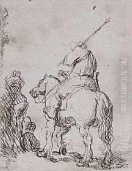 Turbaned Soldier On Horseback (bartsch 139) Oil Painting by Harmenszoon van Rijn Rembrandt