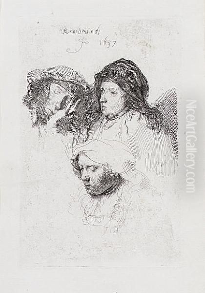 Three Heads Of Women, One Asleep (bartsch 368) Oil Painting by Harmenszoon van Rijn Rembrandt