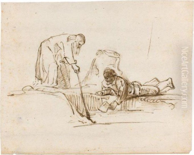 Two Men Searching In A Pond Oil Painting by Harmenszoon van Rijn Rembrandt