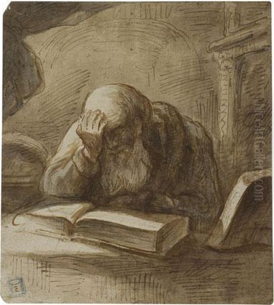 An Old Scholar Seated At A Desk Reading Oil Painting by Harmenszoon van Rijn Rembrandt