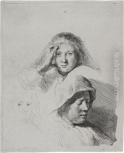 Three Heads Of Women, One Lightly Etched Oil Painting by Harmenszoon van Rijn Rembrandt