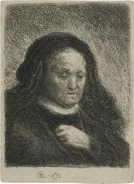 The Artist's Mother With Her Hand On Her Chest: Smallbust Oil Painting by Harmenszoon van Rijn Rembrandt